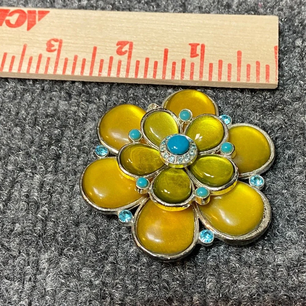Vintage Flower Brooch Yellow‎ & Turquoise Rhinestone Floral Pin Costume Jewelry